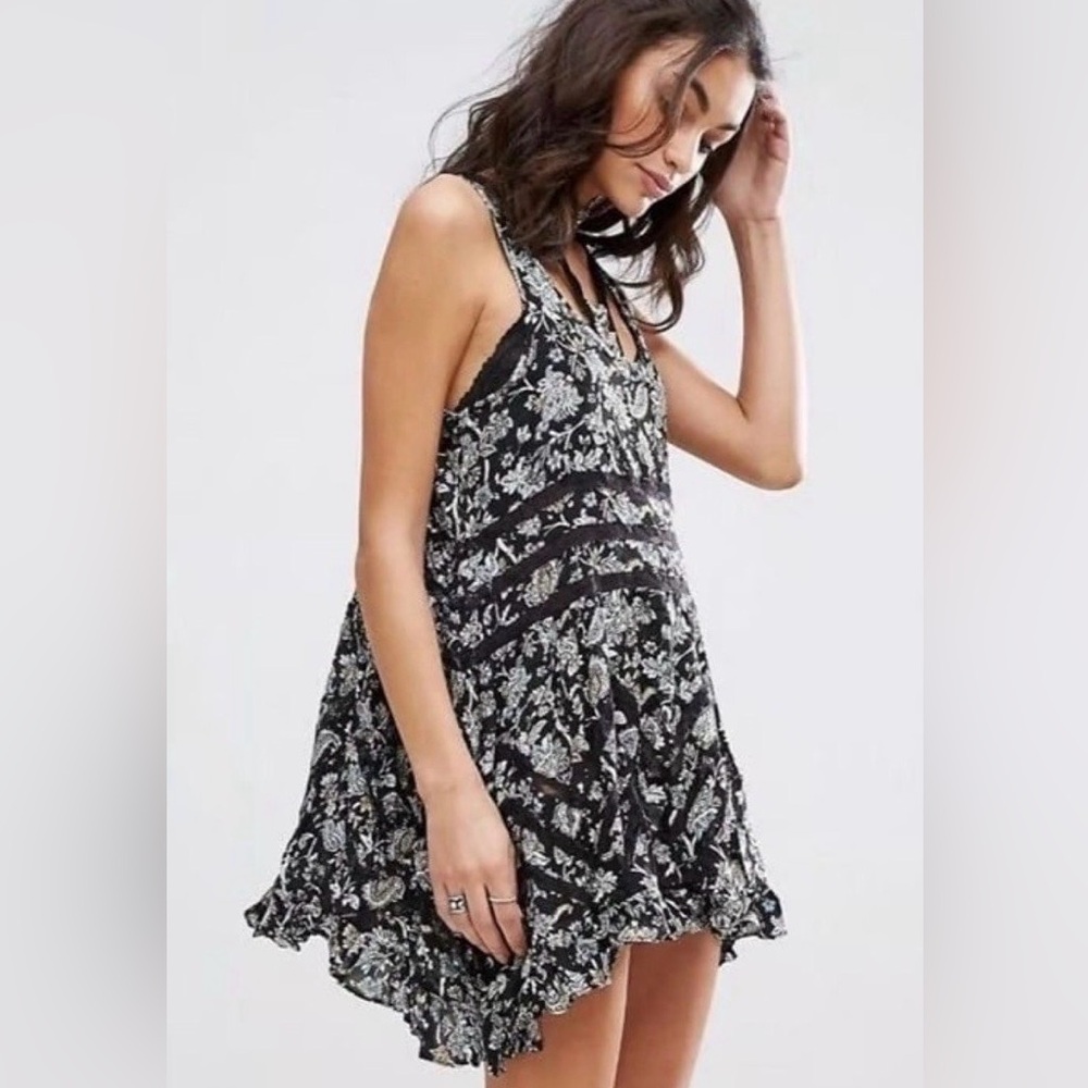 Free People Intimately Floral Trapeze Slip Dress Lace & Ruffle Black Size XS